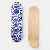 Chinees Donker marine blauw bloemmotief op wit Persoonlijk Skateboard (Voorkant)