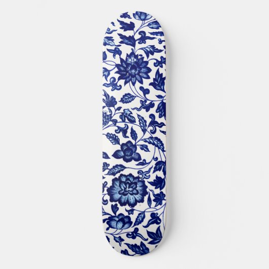Chinees Donker marine blauw bloemmotief op wit Persoonlijk Skateboard (Voorkant)