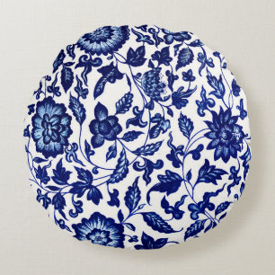 Chinees Donker marine blauw bloemmotief op wit Rond Kussen