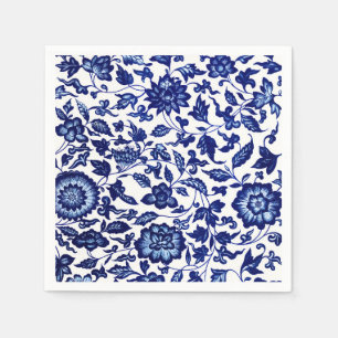 Chinees Donker marine blauw bloemmotief op wit Servet