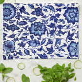 Chinees Donker marine blauw bloemmotief op wit Theedoek (Gevouwen)