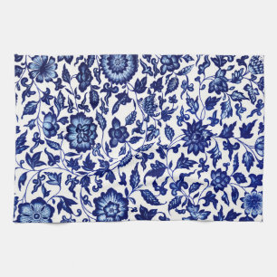 Chinees Donker marine blauw bloemmotief op wit Theedoek