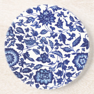 Chinees Donker marine blauw bloemmotief op wit Zandsteen Onderzetter