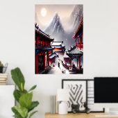 Chinees dorp de sneeuwberg | AI Art. Poster (Thuiskantoor)