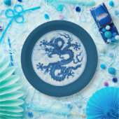 Chinees draak, Indigoblauw en witboek Bord (Feest)