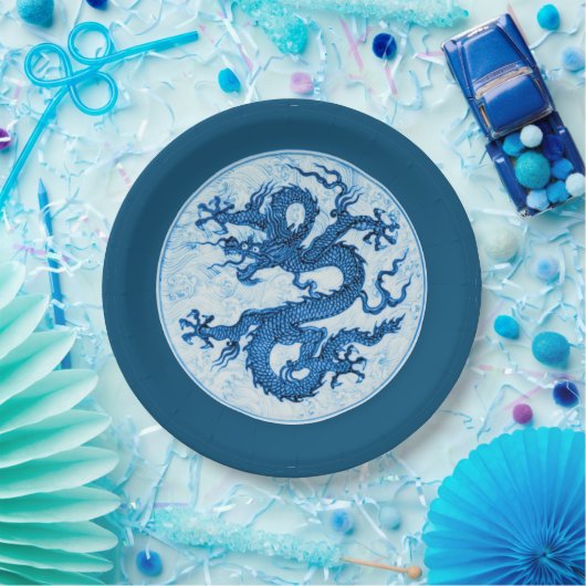 Chinees draak, Indigoblauw en witboek Bord (Feest)