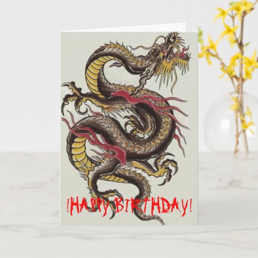 Chinees-draak-zwart, !GELUKKIGE VERJAARDAG! Kaart (Gele Bloem)