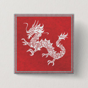  Chinees Dragon Tribal Embleem Rood Vierkante Button 5,1 Cm