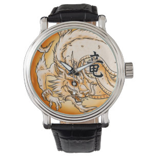 Chinees Dragon Zwart  lederen horloge
