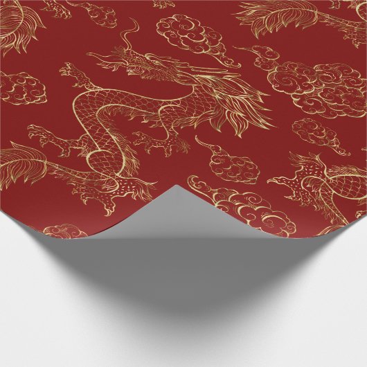 Chinees Drakengoud en Donkerrood Cadeaupapier (Hoek)