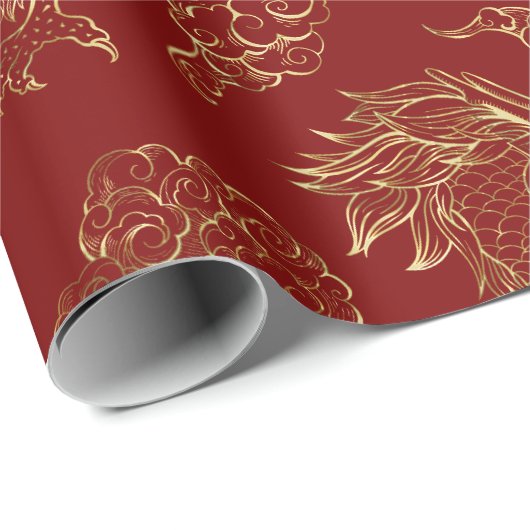 Chinees Drakengoud en Donkerrood Cadeaupapier (Rol Hoek)
