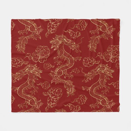 Chinees Drakengoud en Donkerrood Fleece Deken (Voorkant (Horizontaal))
