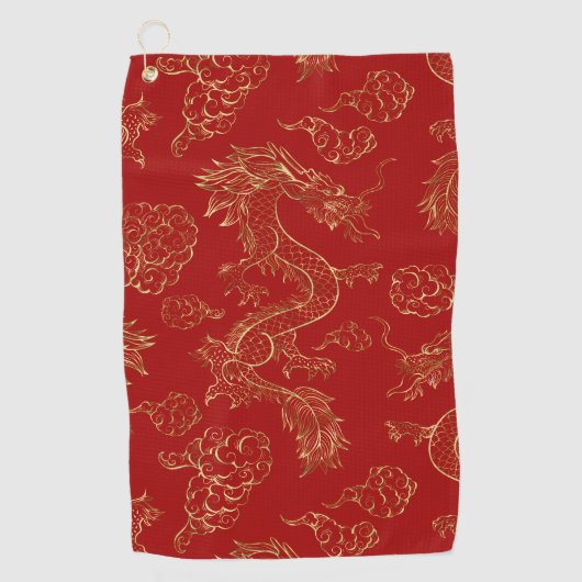 Chinees Drakengoud en Donkerrood Golfhanddoek (Voorkant)