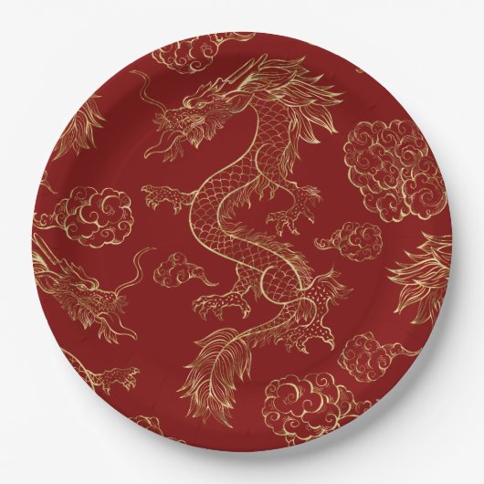 Chinees Drakengoud en Donkerrood Papieren Bordje (Voorkant)
