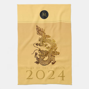 Chinees Drakenjaar 2024 Elegant Monogram KT Theedoek