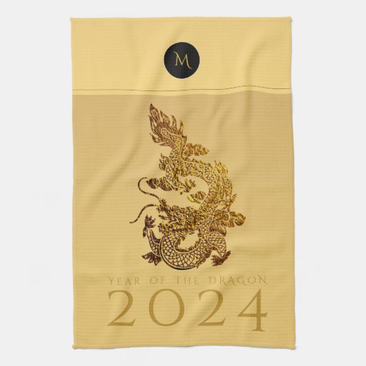 Chinees Drakenjaar 2024 Elegant Monogram KT Theedoek (Verticaal)