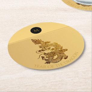 Chinees Drakenjaar 2024 Elegant Monogram RPapC Ronde Kartonnen Onderzetter