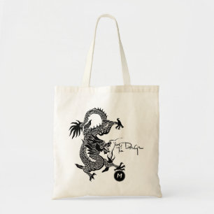 Chinees Drakenjaar Zwart papier-gesneden Monogram  Tote Bag