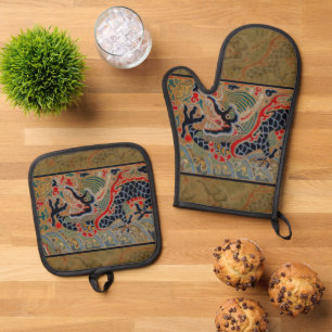 Chinees drakensymbool Antiek Aziatisch Ovenwant & Pannenlap Set