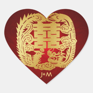 Chinees Dubbel Geluk Dragon / Phoenix Bruiloft Hart Sticker