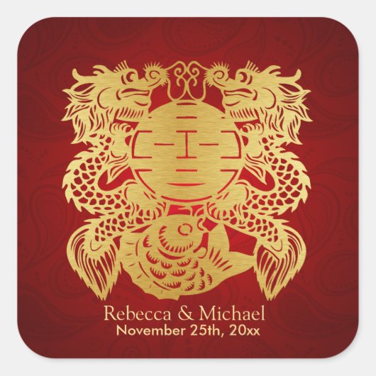 Chinees Dubbel Geluk met Draken Vierkante Sticker (Voorkant)