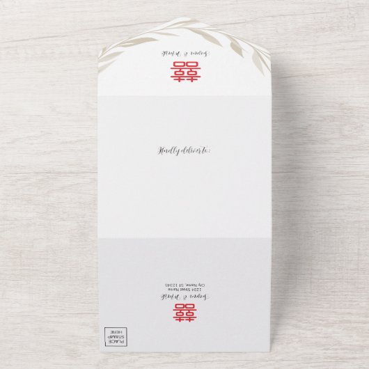 Chinees Dubbelgeluk in één bruiloft All In One Uitnodiging (Buitenkant)