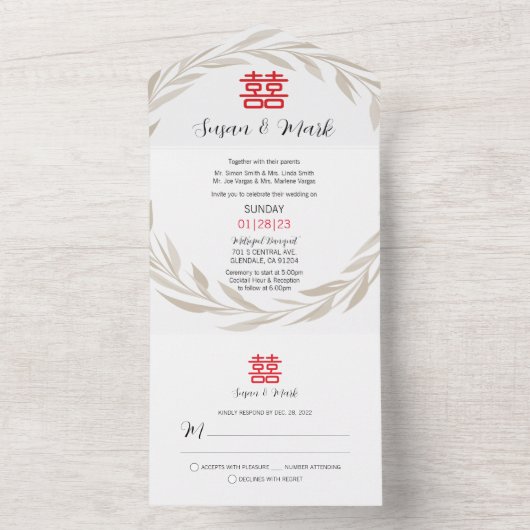 Chinees Dubbelgeluk in één bruiloft All In One Uitnodiging (Binnen)