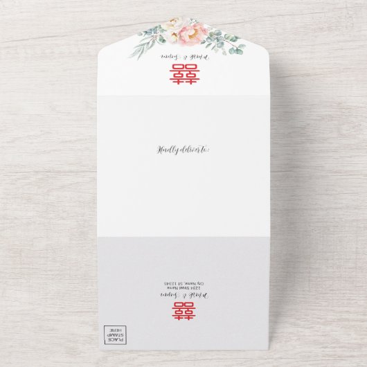 Chinees Dubbelgeluk in één bruiloft All In One Uitnodiging (Buitenkant)