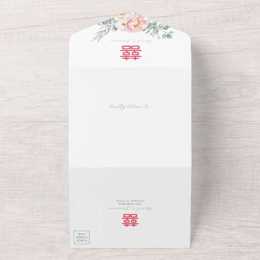 Chinees Dubbelgeluk in één bruiloft All In One Uitnodiging (Buitenkant)