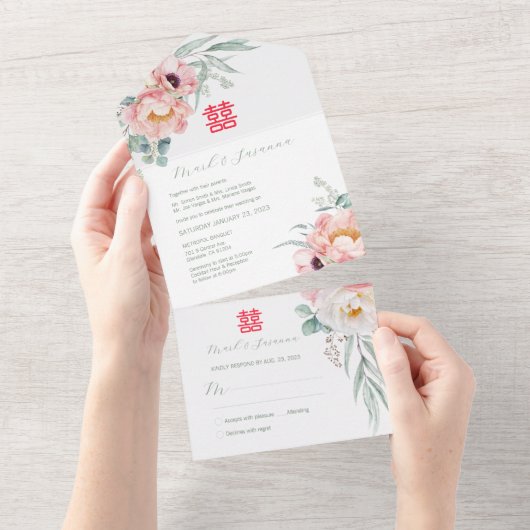 Chinees Dubbelgeluk in één bruiloft All In One Uitnodiging (Afscheurbaar)