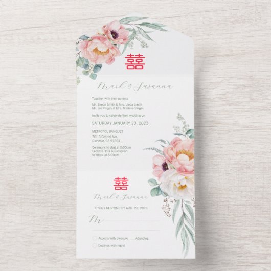 Chinees Dubbelgeluk in één bruiloft All In One Uitnodiging (Binnen)