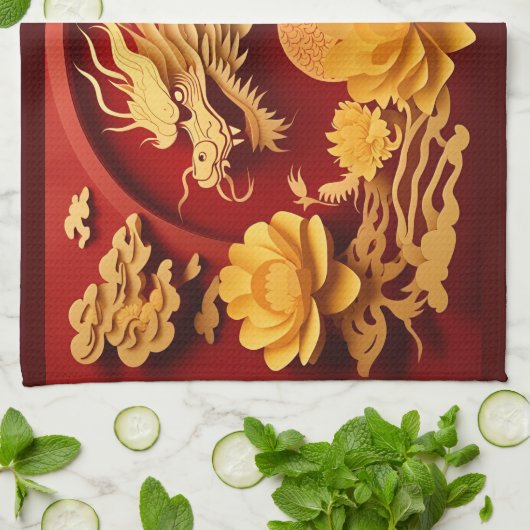 Chinees en Vietnamees Houten Draak Jaar 2024 KT Theedoek (Gevouwen)