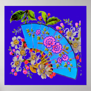 Chinees Fan Blue Poster met kleine glans afwerking