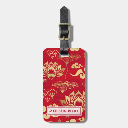 Chinees Floral Lotus Asian Pattern gepersonaliseer Bagagelabel (Voorkant verticaal)