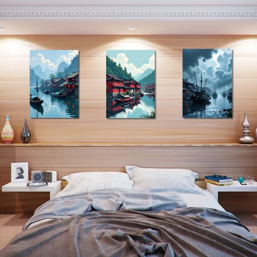 Chinees Gevist Village Oriental Print Set van 3