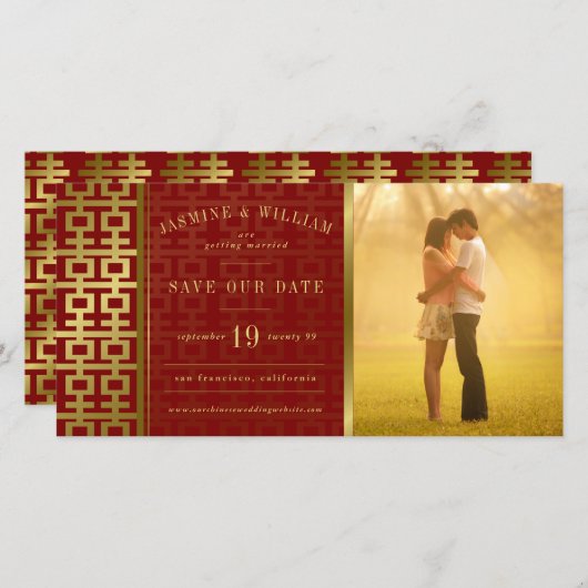 Chinees huwelijk dubbel geluk rood sparen de datum save the date (Voorkant / Achterkant)