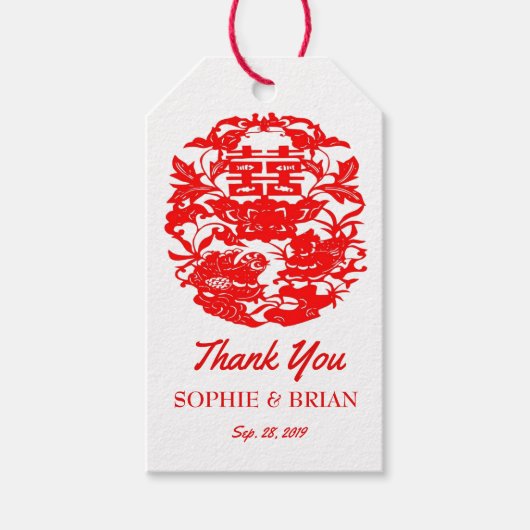 Chinees Huwelijk Dubbel Geluk Tortelduifjes Cadeaulabel (Voorkant)