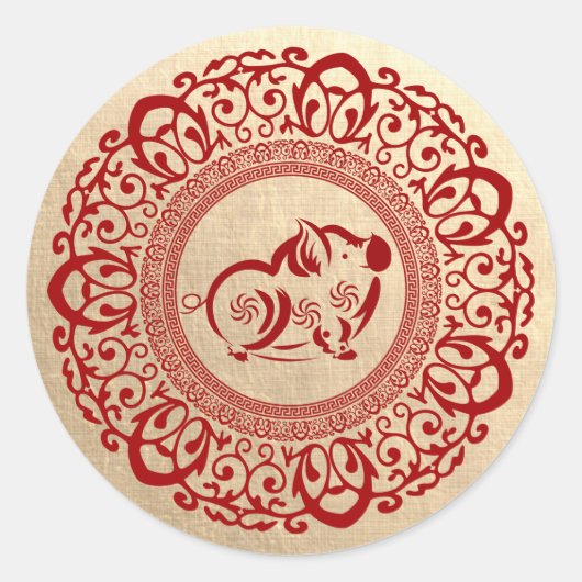 Chinees jaar van het varken rood goud ronde sticker (Voorkant)