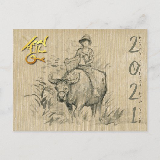 Chinees Kind met waterbuffels Ox 2021 PostC Briefkaart (Voorkant)