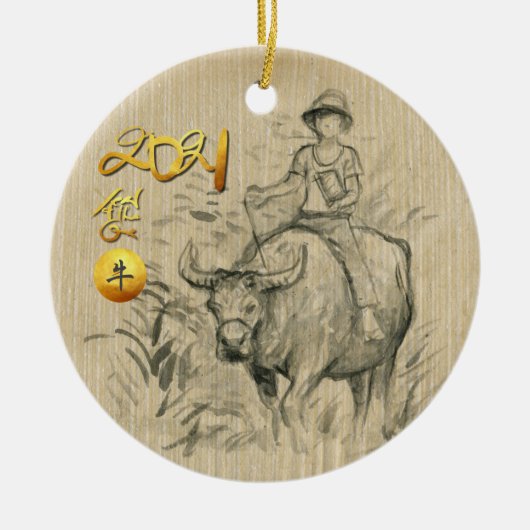 Chinees Kind met waterbuffels, rond jaar 2021 CRO Keramisch Ornament (Voorkant)