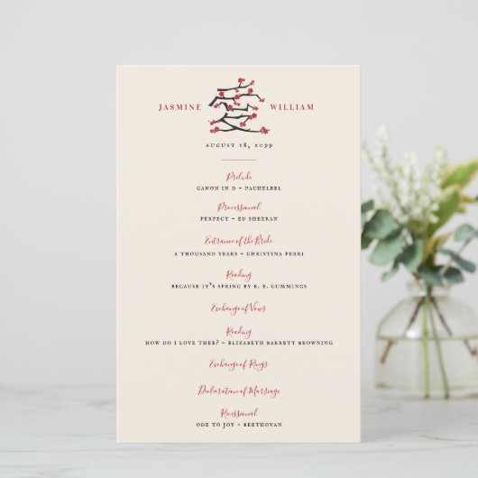 Chinees Love Red Cherry Blossom Wedding Programme (Staand voorkant)