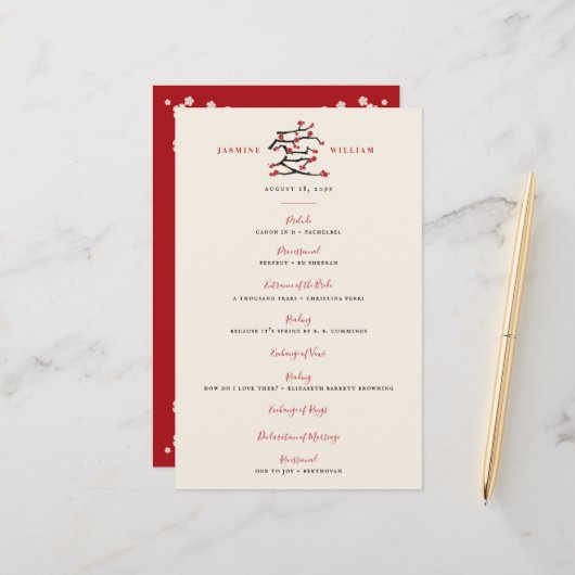 Chinees Love Red Cherry Blossom Wedding Programme (Voorkant / Achterkant in situ)