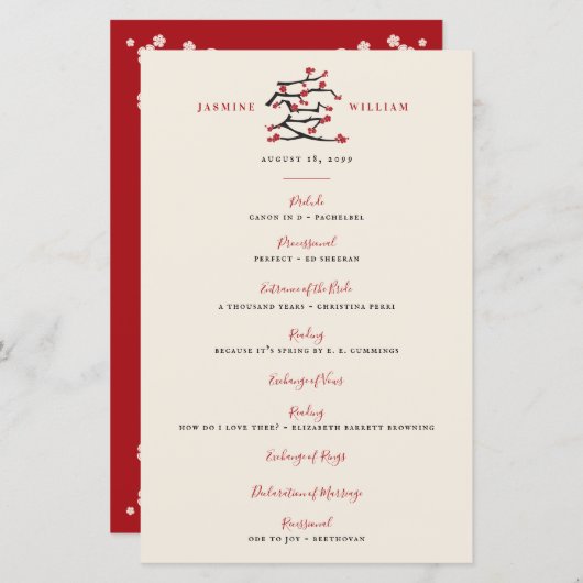 Chinees Love Red Cherry Blossom Wedding Programme (Voorkant / Achterkant)