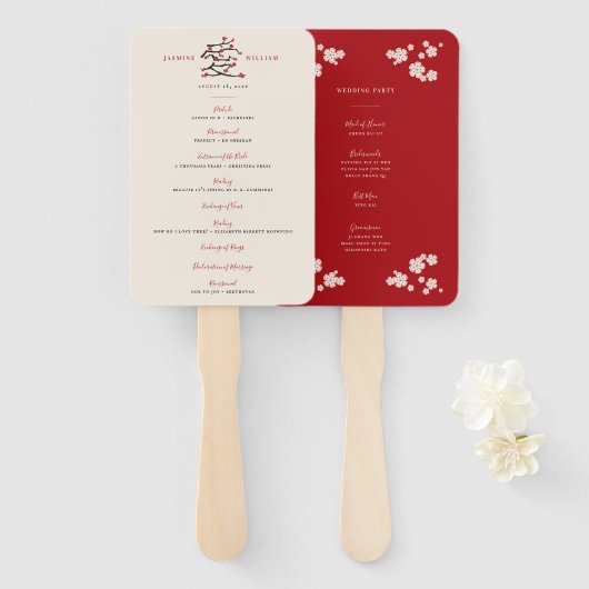 Chinees Love Red Cherry Blossom Wedding Programme Handwaaier (Voorkant en achterkant)