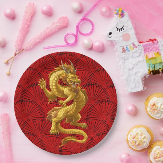 Chinees Lucky Gold Dragon Papier Borden Papieren Bordje (Feest)