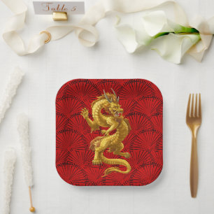 Chinees Lucky Gold Dragon Papier Borden Papieren Bordje