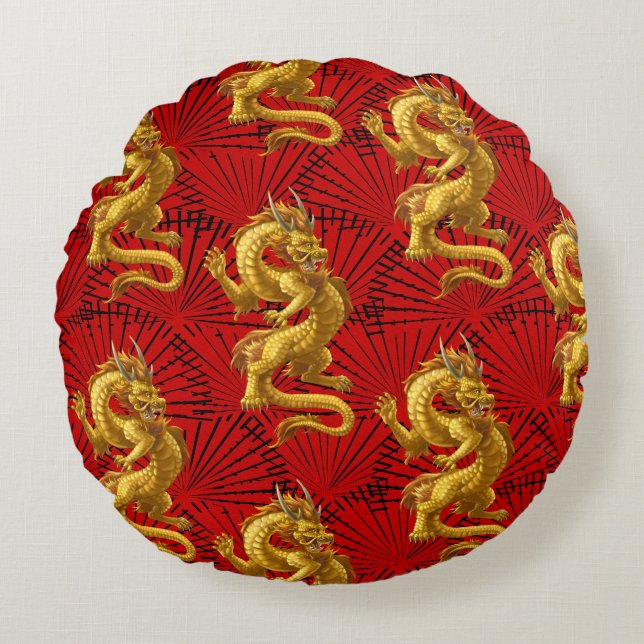 Chinees Lucky Gold Dragon Pouf Sierkussen Rond Kussen (Voorkant)