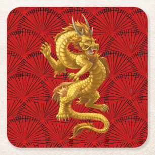 Chinees Lucky Gold Dragon Vierkant Papier Onderzet Kartonnen Onderzetters
