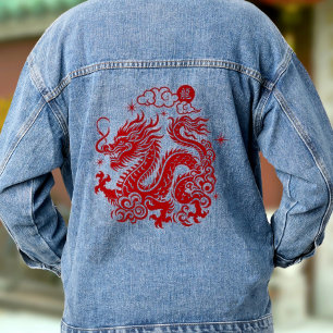 Chinees Maanjaar Draak 2024 Diep Rood Modern Denim Jacket