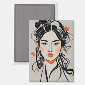 Chinees meisje getrokken met zwarte inkt pen, geis magneet (Voorkant / Achterkant)